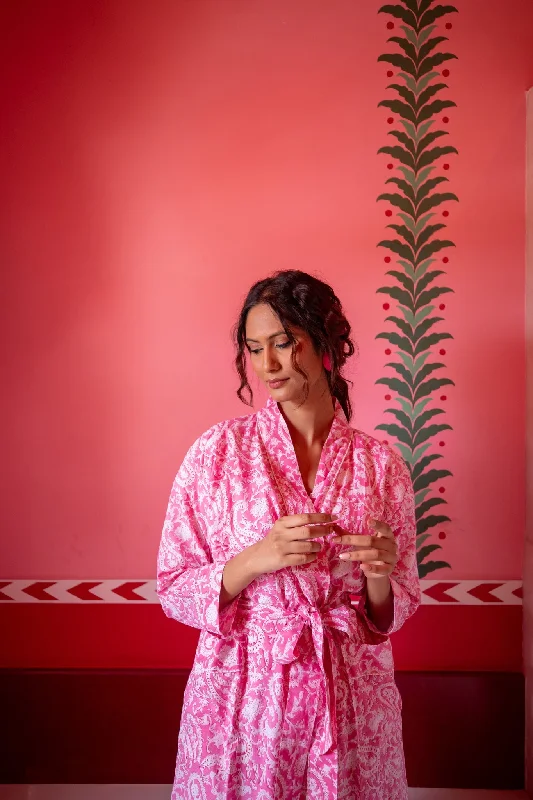 Hand Block Printed Kimono Robe - Pink Paisley