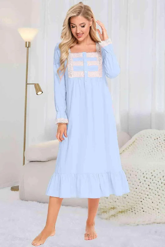 Lace Detail Square Neck Flounce Sleeve Night Dress