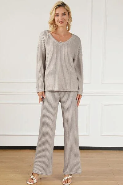 Ribbed V-Neck Top and Pants Lounge Set