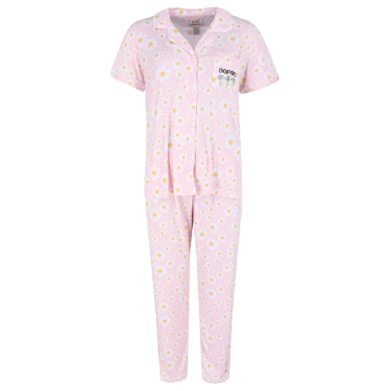 Sleep, plz Women's Daisy Ribbed Notch Short Sleeve Pajama Set