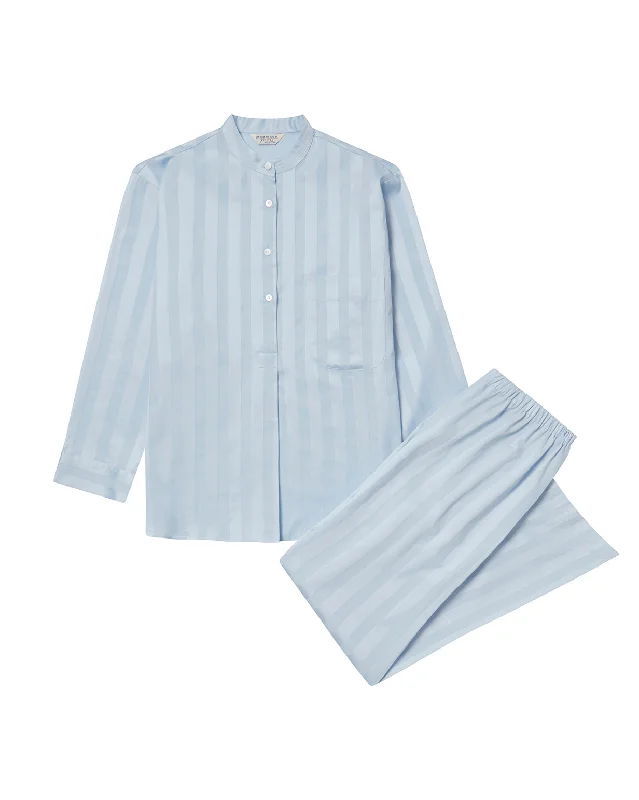 Women's Satin Stripe Cotton Pyjamas - Sky