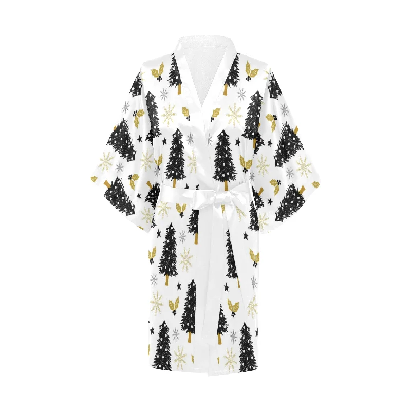 Christmas tree holly snow star pattern Women's Short Kimono Robe