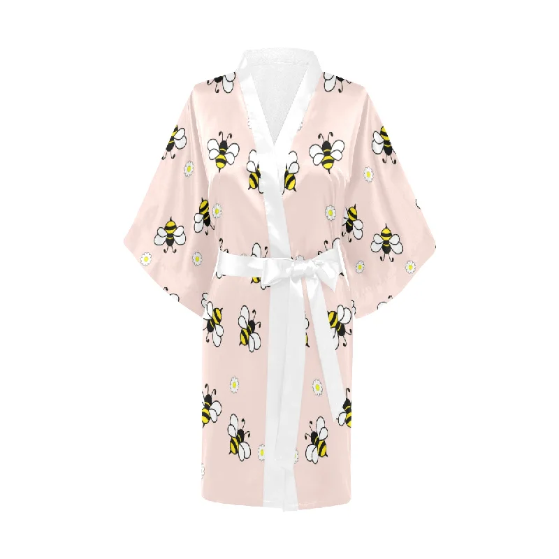 Cute bee flower pattern pink background Women's Short Kimono Robe