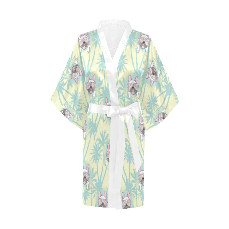 French bulldog hawaii blackground Women's Short Kimono Robe