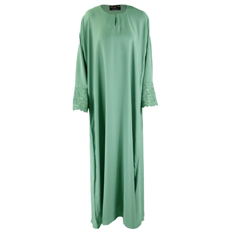 Hijaz Mint Green Korean Nidha Emirati Abaya Arab Dress with Embroidered Sleeves