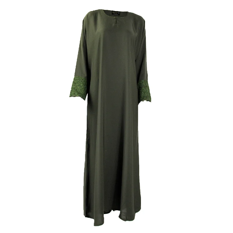 Hijaz Olive Green Korean Nidha Emirati Abaya Arab Dress with Embroidered Sleeves