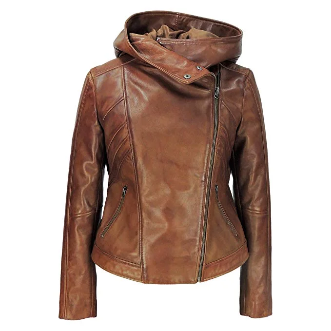 Koza Leathers Women Real Lambskin Leather Biker Hooded Jacket NW001