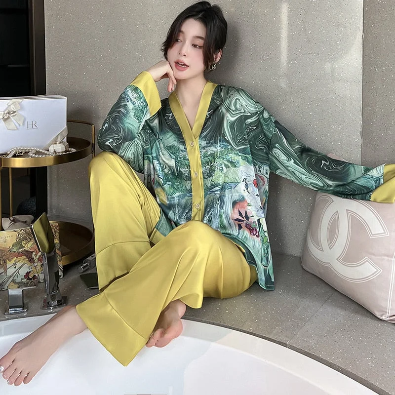 Lisacmvpnel 2022 New Spring Pajamas Women's Ice Silk Long Sleeve Suit Court Style Ice Silk Large Home Clothes