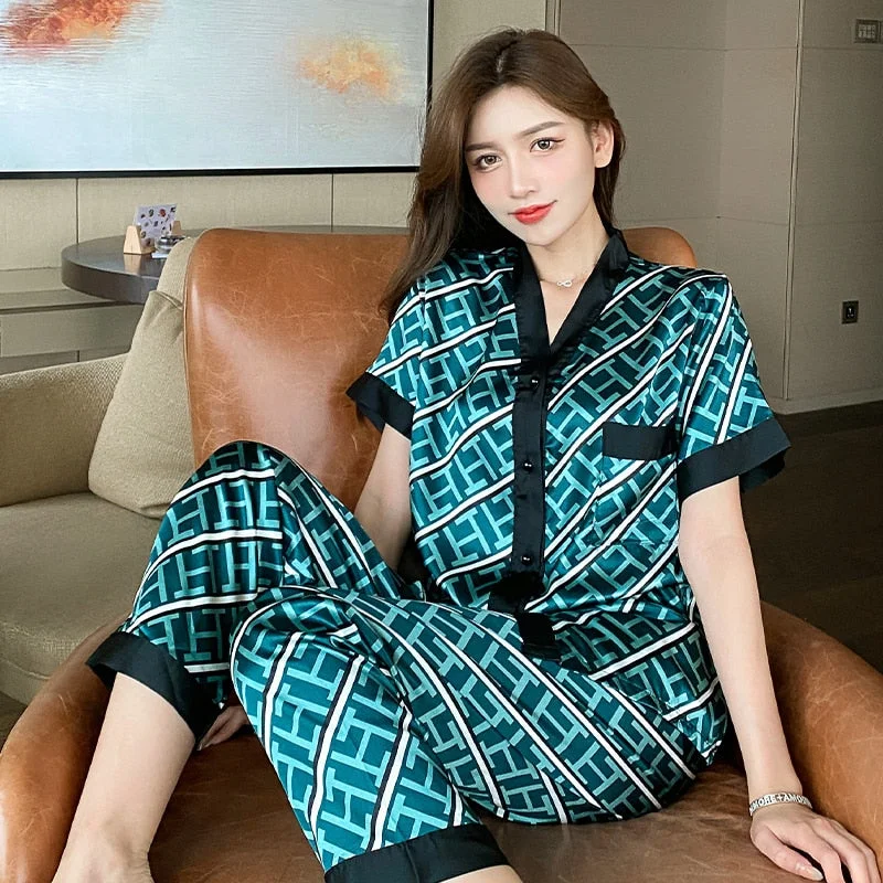 M-5XL Large Size Luxury Stain Pajamas Set Women Summer V Neck Letter Print Satin Sleepwear for Woman with Pants Home Suit Clothe