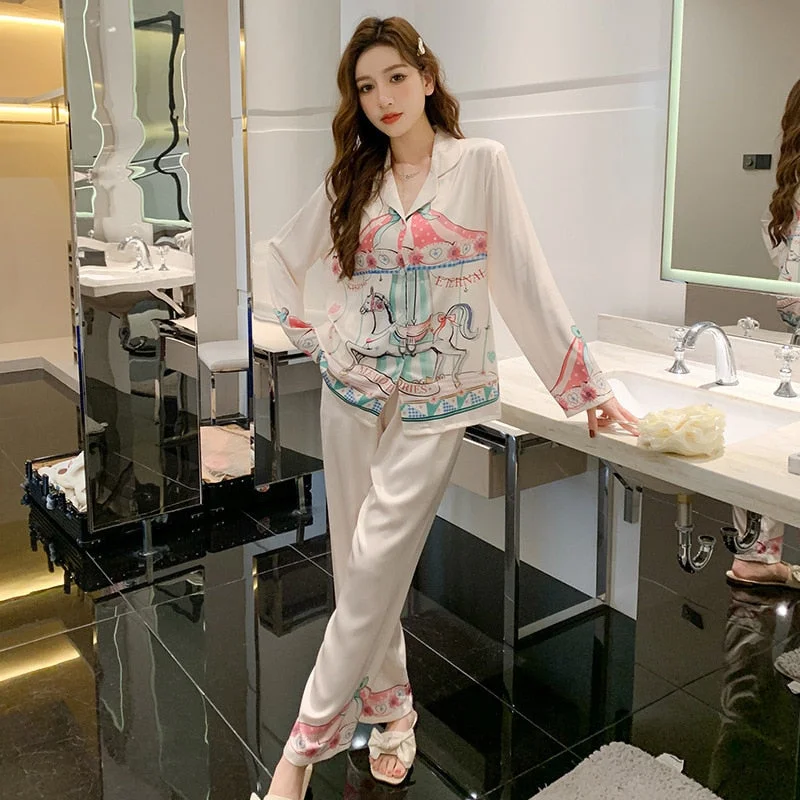 Pajamas Women's Ice Silk 2023 Spring New Long Sleeve Trousers Suit Cartoon Dream Rotating Carriage Home Wear