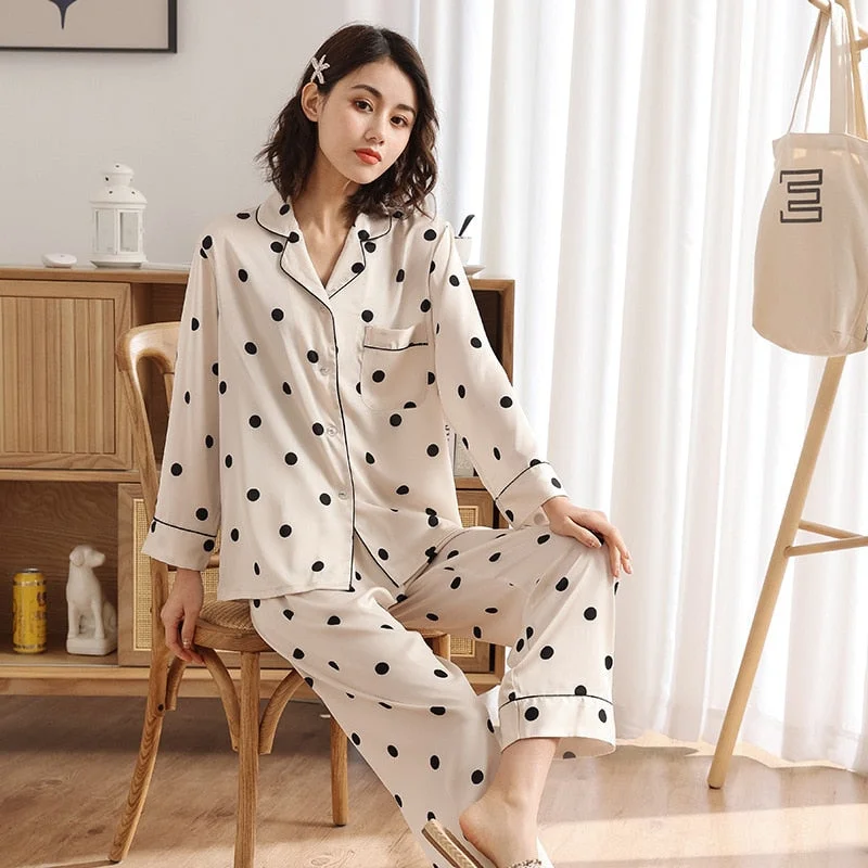 QSROCIO Satin Polka Dot Pajamas Women's Spring Autumn Thin Long Sleeved Pants Two-piece Set Fashion Casual Home Clothing