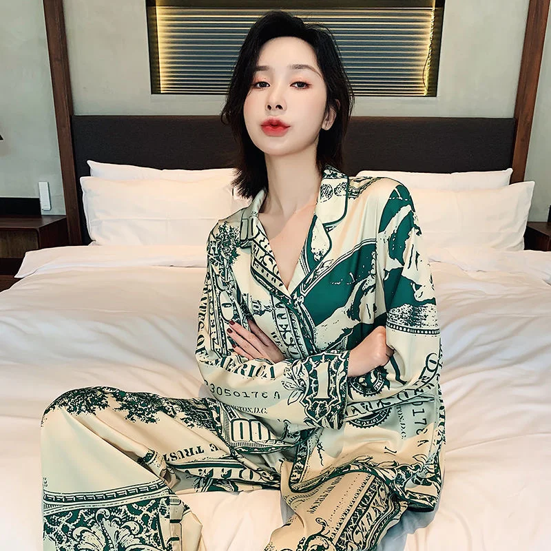 QWEEK Designer Clothes Women Luxury Satin Pajamas Summer Trouser Suits Money Print 2 Piece Set Nightwear Long Sleeve Room Wear