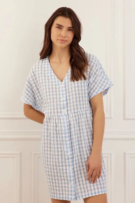 Robe manches courtes dolman à carreaux en coton - Femme