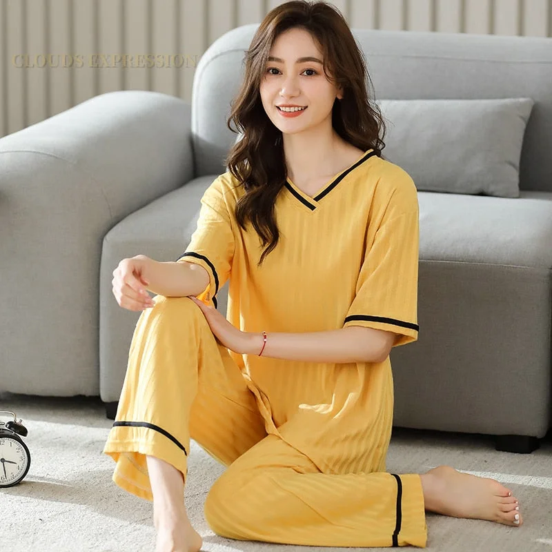 Summer Knitted Cotton Elegant Pajamas Set Women Pyjamas Polka Dots Sleepwear Nightwear Pijama Mujer Plus Size Calf-Length Pants