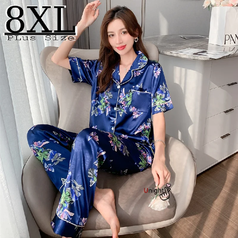 Summer Silk Pajamas 2-piece Set Sleepwear Short-sleeved Trousers Suit S Women's Plus Size Homewear Lingerie 5XL 7XL 8XL Pijama