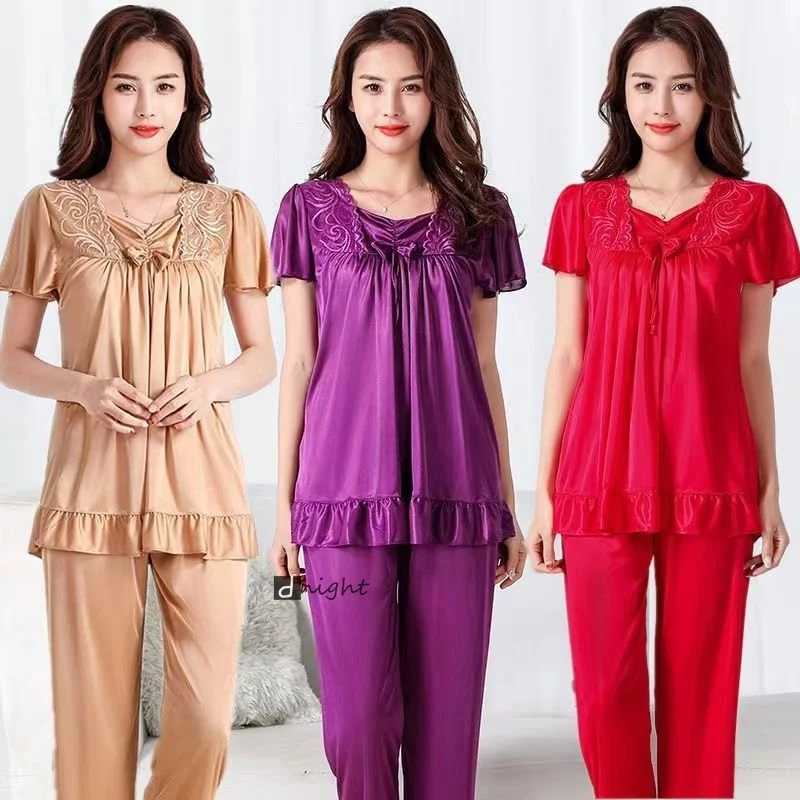 Women Home Clothing Big Nightshirt Shorts Summer Satin Silk Trousers Suit Women Middle-aged Lace Large 5XL Pajamas Bedroom Set