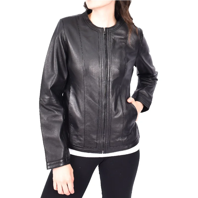 Womens Collarless Black Leather Jacket Round Neckline Casual Fitted Zip Fasten Fia