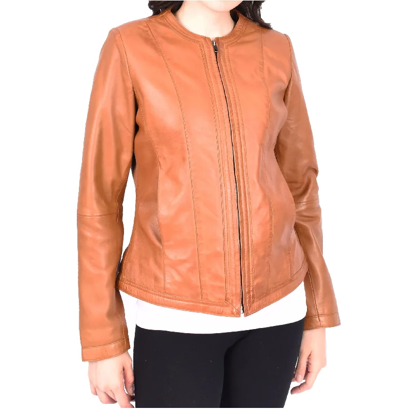 Womens Collarless Tan Leather Jacket Round Neckline Casual Fitted Zip Fasten Fia