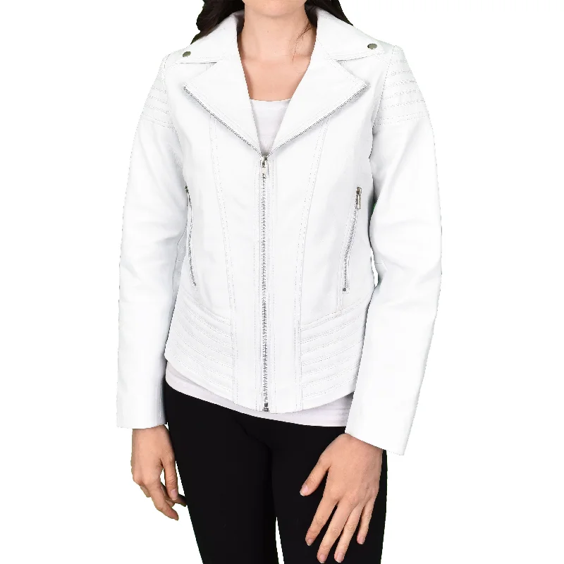 Womens Real Leather Biker Jackets Casual Fashion Outerwear Sonya White