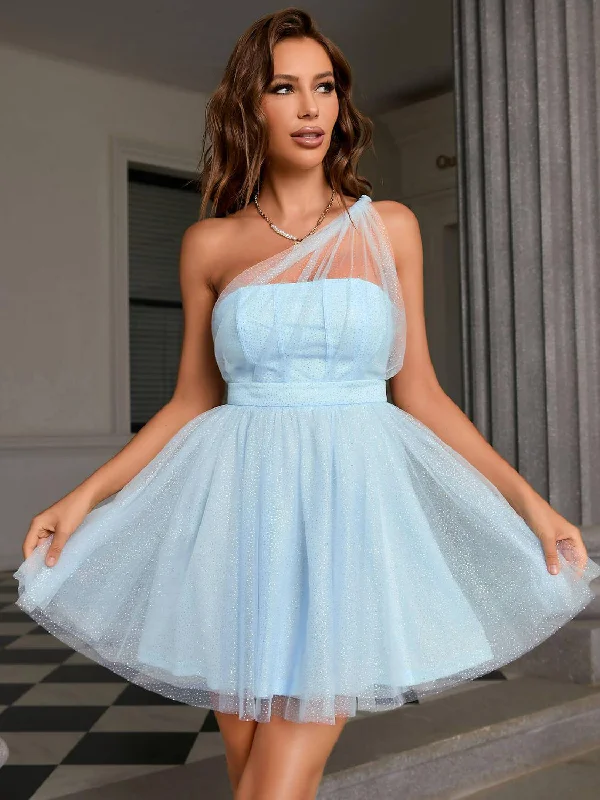 Blue Zone Planet |  Double Crazy Glitter One-Shoulder Tulle Mini Dress