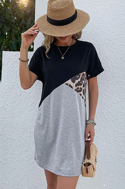 Color Block Leopard Tee Mini Dress