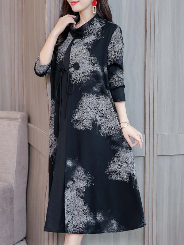 Elegant Cowl Neck Printed Long Sleeve Dress