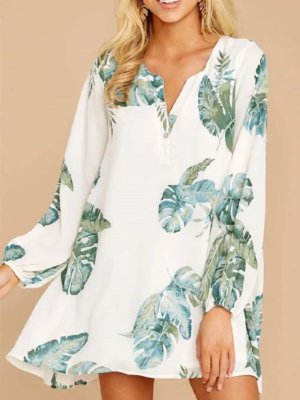 Fashion Print V neck Long sleeve Shift Dresses