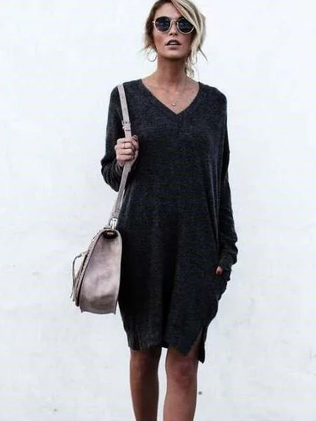 Fashion V neck Long sleeve Knit Shift Dresses