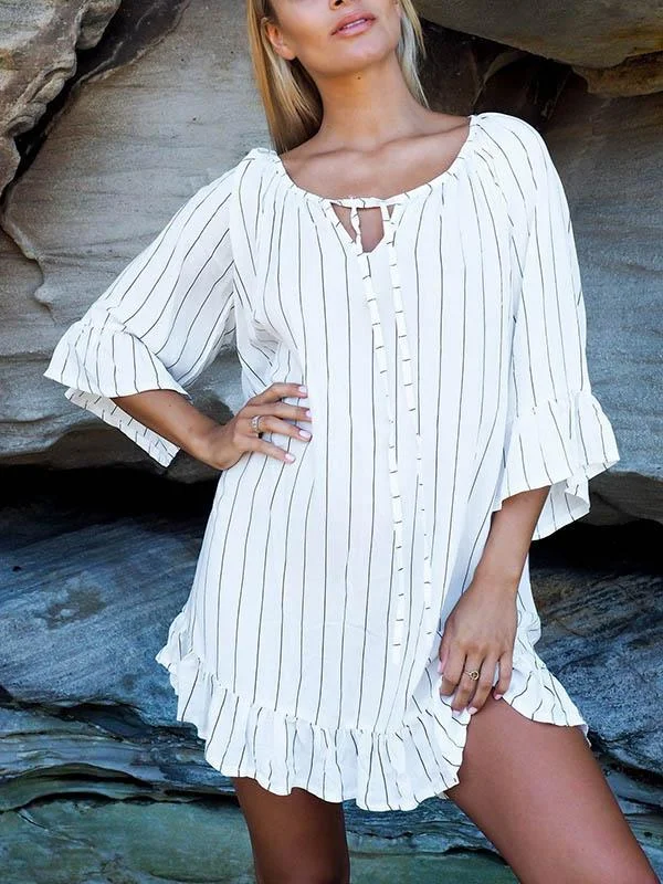 Flared Stripes Ruffled Cover-up Top