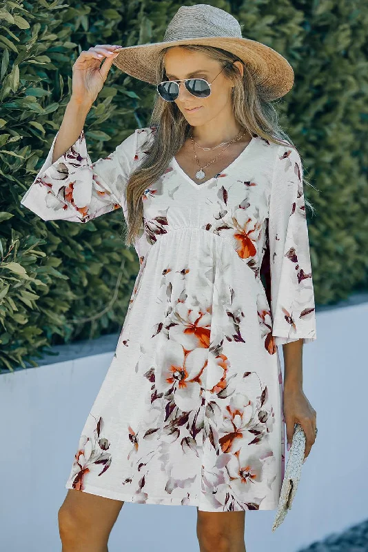 Floral V-Neck Three-Quarter Sleeve Mini Dress