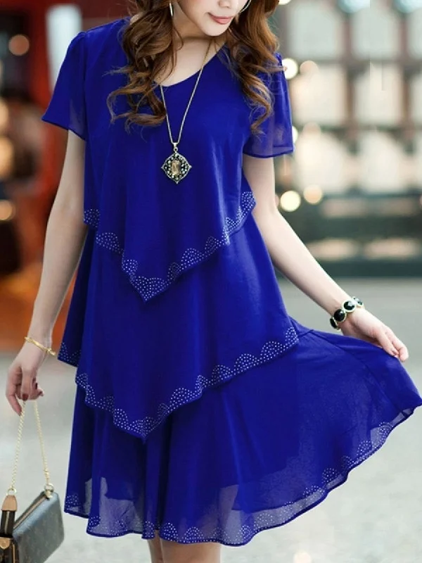 Multi-Layers Rhinestone Designed V Neck Chiffon Shift Dress