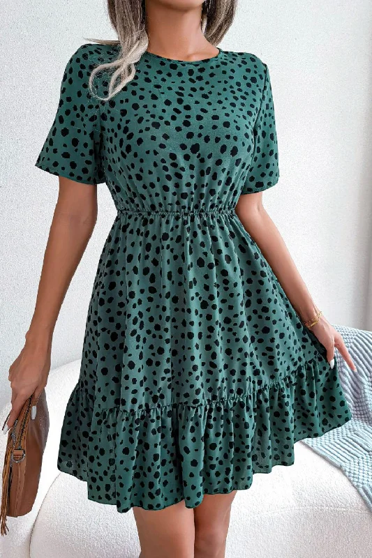 Printed Round Neck Short Sleeve Ruffled Mini Dress