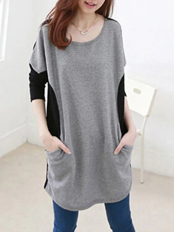 Round Neck  Patch Pocket  Color Block Shift Dress