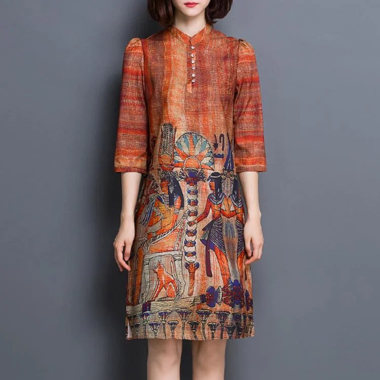 Silk Vintage Printed 3/4 Sleeve Slim Shift Dress