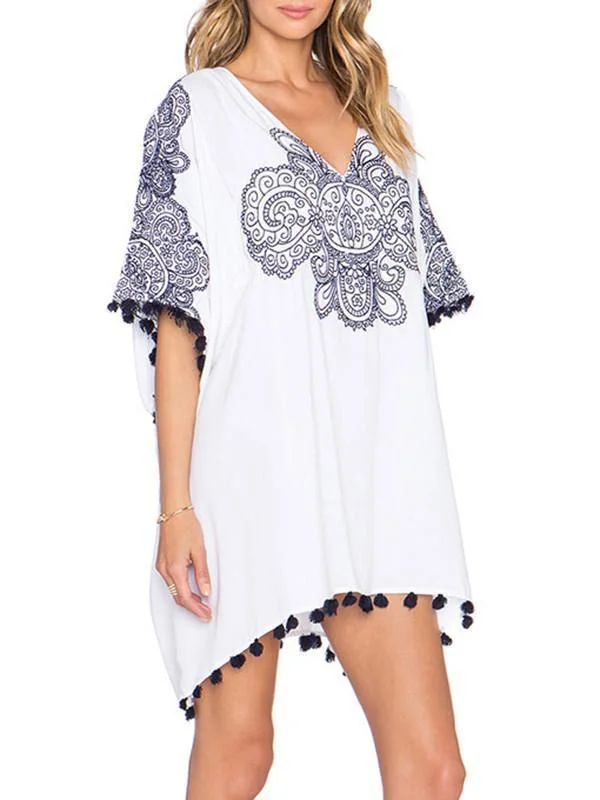 Simple White Chiffon Bohemia Short Sleeve with Tassels Loose Mini Dress