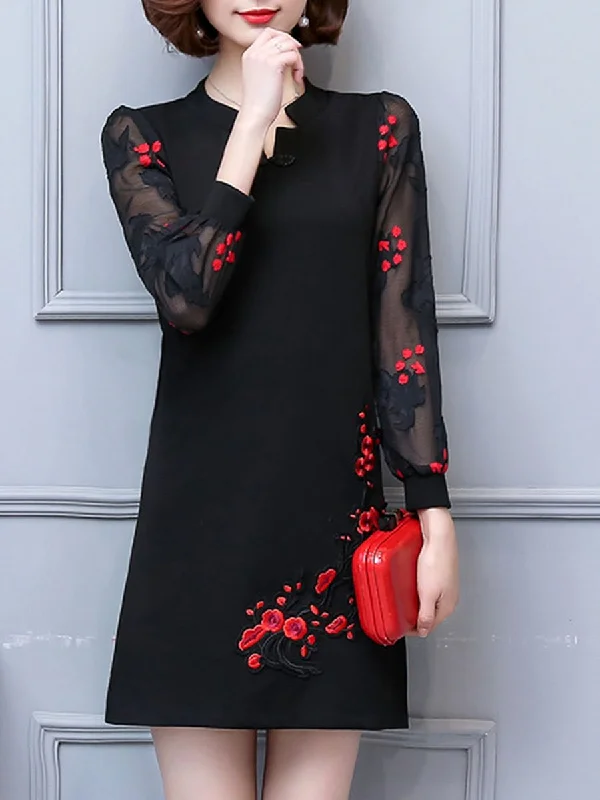 Split Neck Hollow Out Embroidery Shift Dress