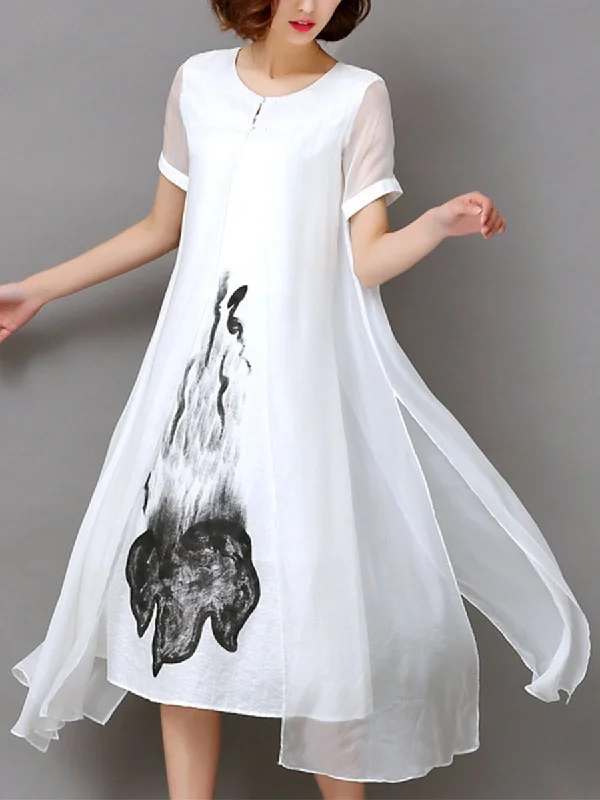 Summer Asymmetric Hem Hollow Out Printed Shift Dress