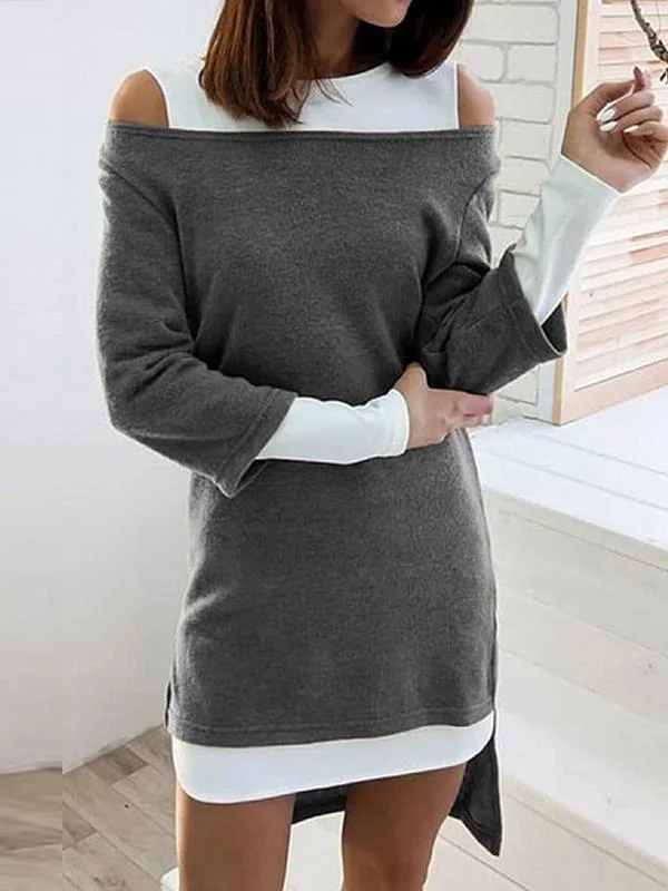 Women long sleeve round neck off shoulder color matcing shift dresses