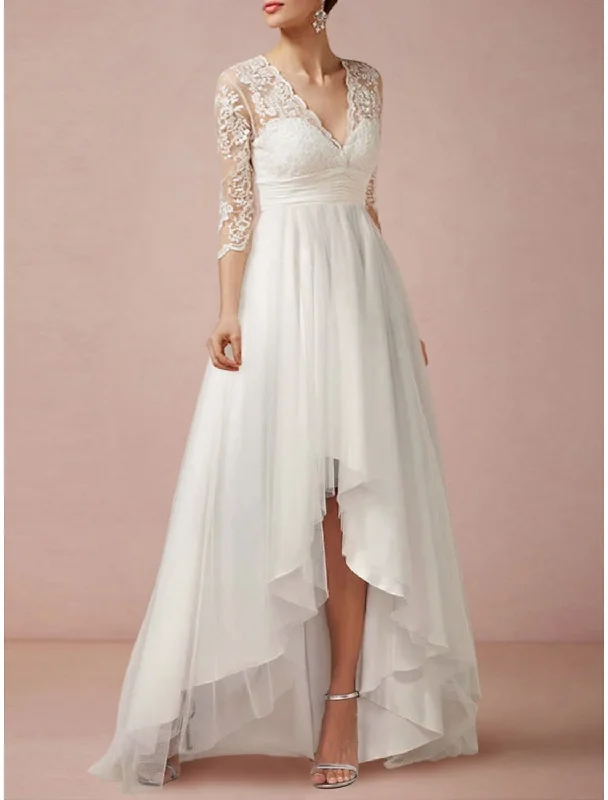 A-Line/Princess V-Neck Asymmetrical Lace Wedding Dress