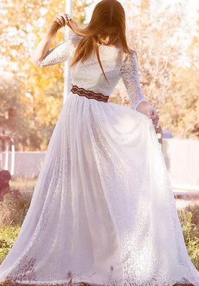 Bateau Lace Half Sleeve Pleated Wedding Dress With Lace Ribbon