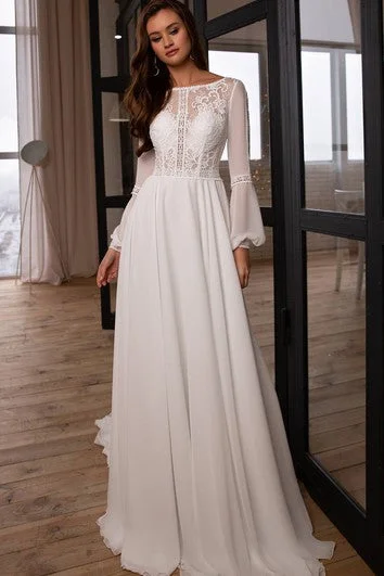 Bohemian Bateau A Line Chiffon and Lace Sweep Train Wedding Dress with Ruching