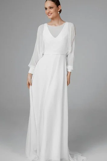 Casual A Line Chiffon Bateau Sweep Train Wedding Dress