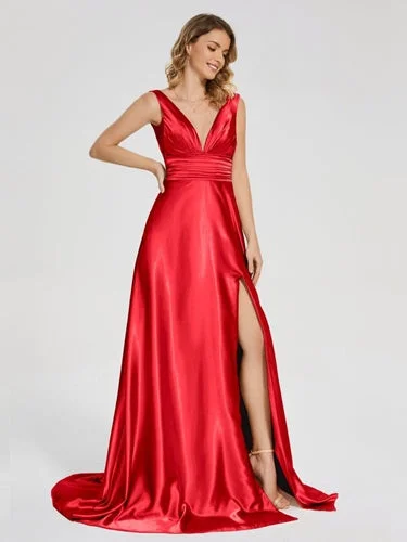 G750 (2), Red Wine Satin Slit Cut Shoot Trail Gown, Size (All)