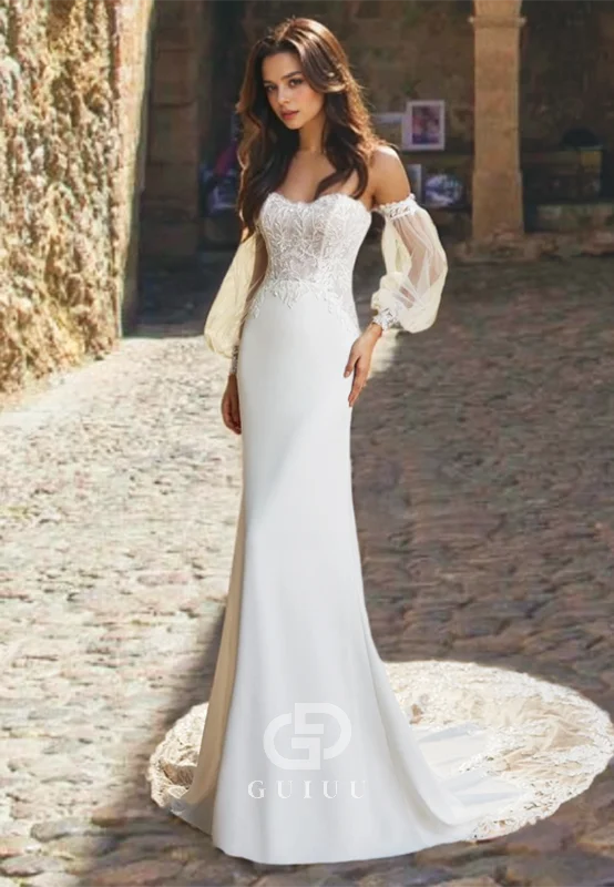 GW648 - Chic & Modern Sheath Strapless Long Bishop Sleeves Floral Appliques Wedding Dress with Sweep Train