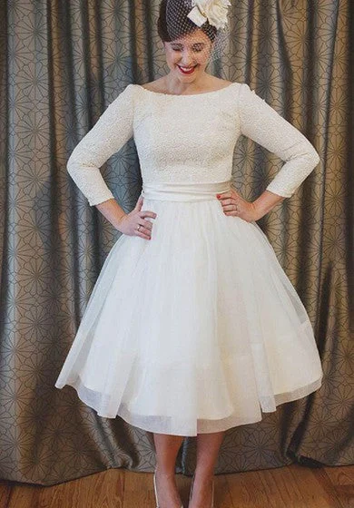 Plus Size Tea Length Lace and Organza Wedding Dresses with 3-4 Long Sleeves