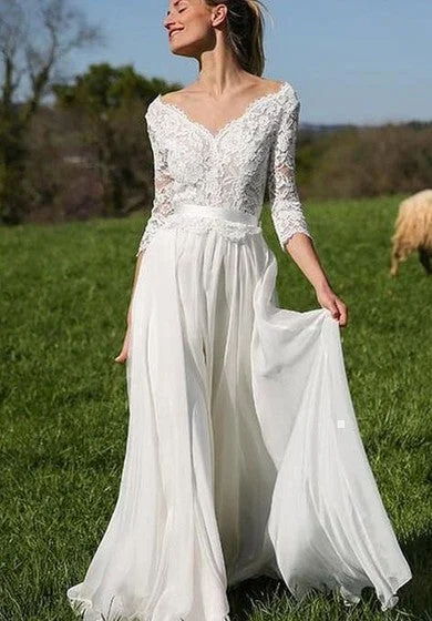 Romantic V-neck Chiffon Lace A Line Floor-length 3/4 Length Sleeve Wedding Dress