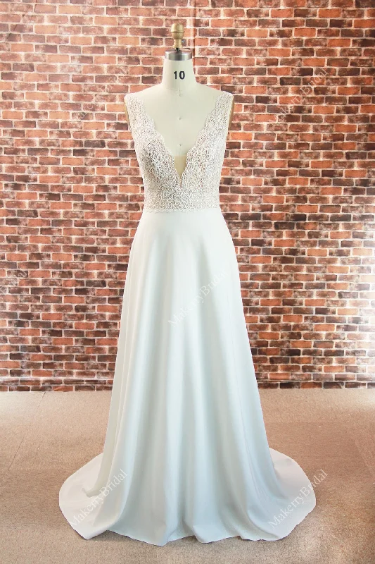 Simple A-Line Wedding Dress With Floral Lace Bodice