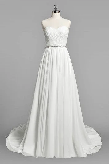 Sweetheart A-Line Chiffon Wedding Dress With Ruching and Beading