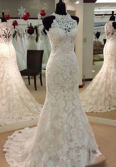 Vintage Illusion High Neck Sleeveless Full Lace Mermaid Wedding Dress