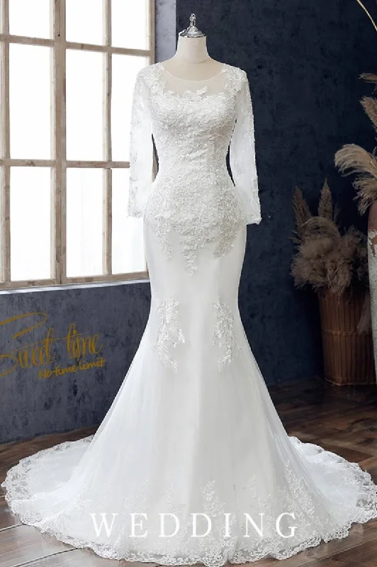 White Beaded Embroidered Round Neck Long Sleeve Wedding Dress